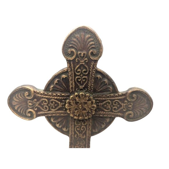 Antique-Style Decorative Cross Tabletop Ornate Resin Bronze Finish 12" Tall - Picture 10 of 12